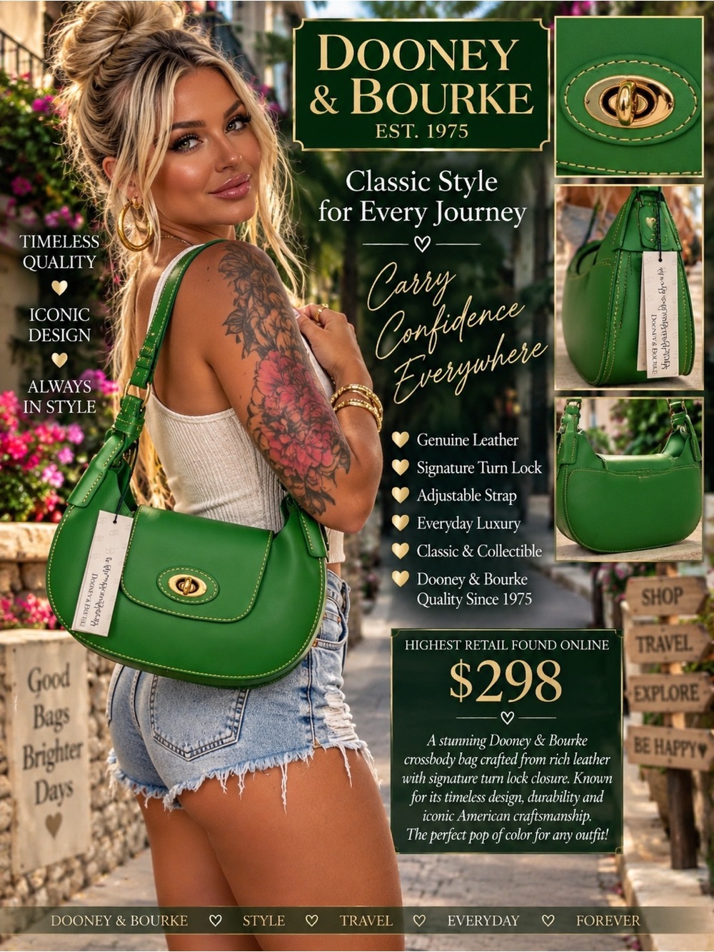 Dooney & Bourke Green Leather Crossbody Bag with Turn-Lock NWT
